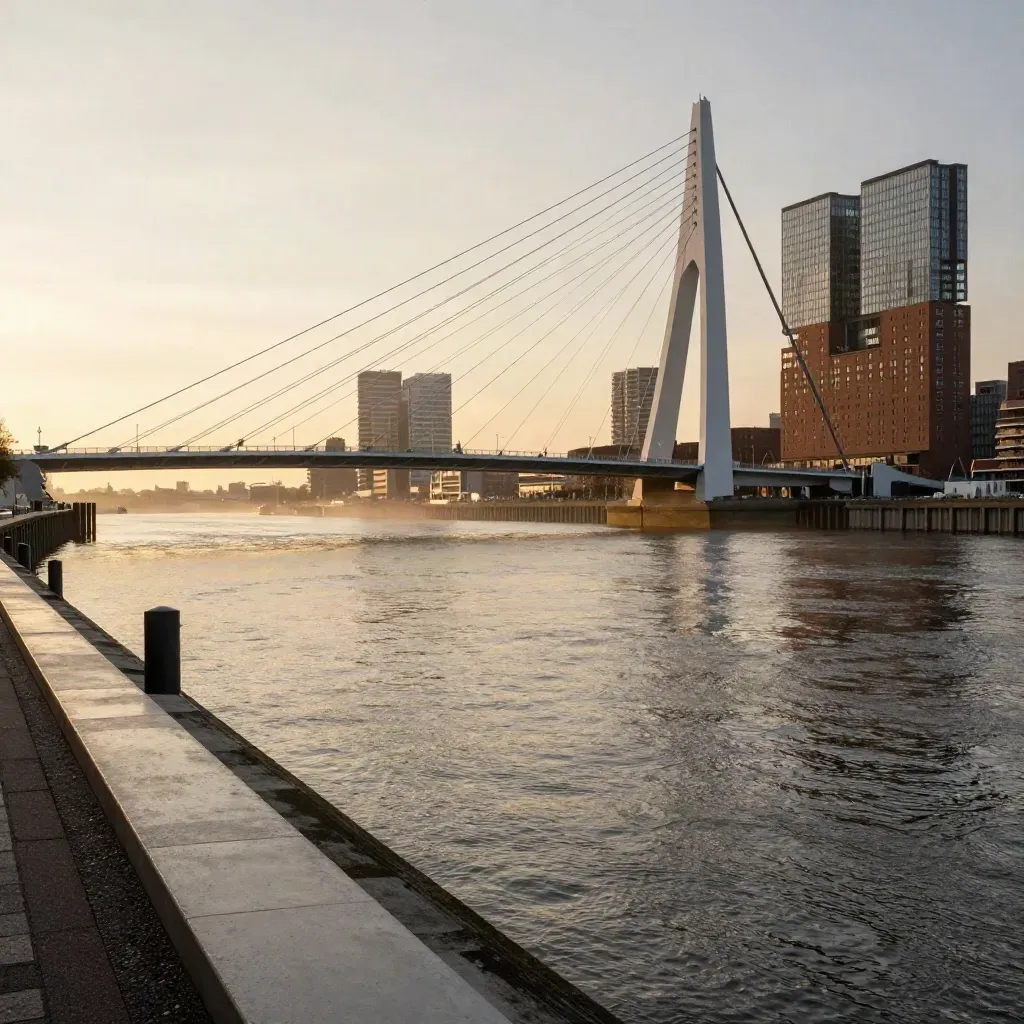 Erasmusbrug en Rotterdam aan de Maas in gouden avondlicht, met rustige haven en veel open ruimte.