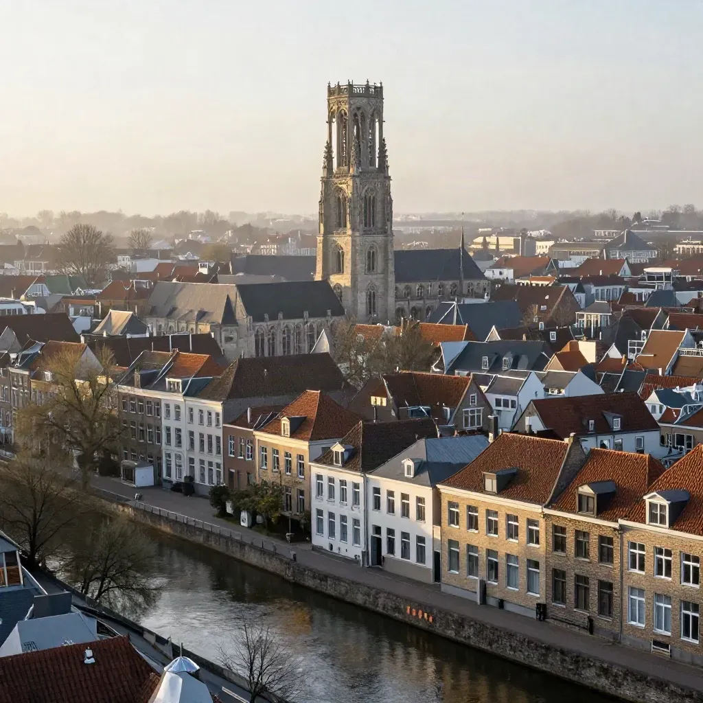 Uitzicht op de Domtoren boven mistige Utrechtse daken en een stille gracht in ochtendlicht