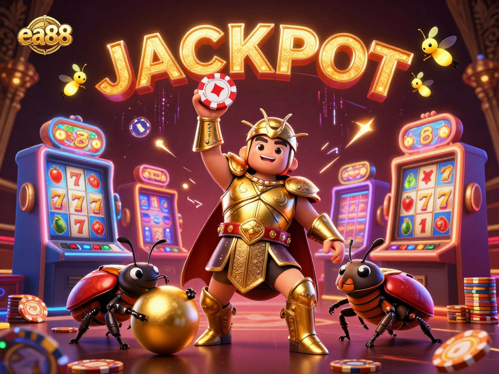 ea88 thrills as cartoon beetles celebrate a casino jackpot amidst dazzling slot machines.