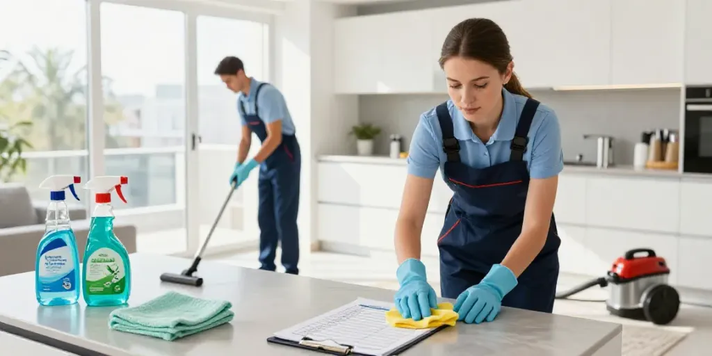 End of lease cleaning Melbourne scene showcasing professional cleaners in action with bright sunlight illuminating a modern apartment.