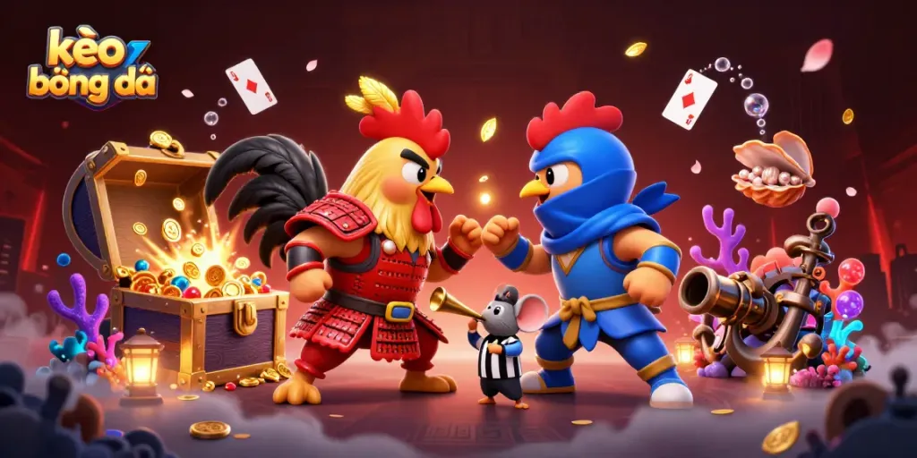 Experience the thrilling showdown of fighting roosters with dynamic kèo bóng đá action amidst treasures and vibrant game elements.