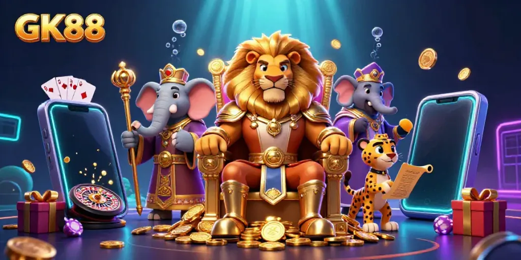 Experience the thrill at GK88 with dynamic casino characters and exciting game elements in a vibrant 3D scene.