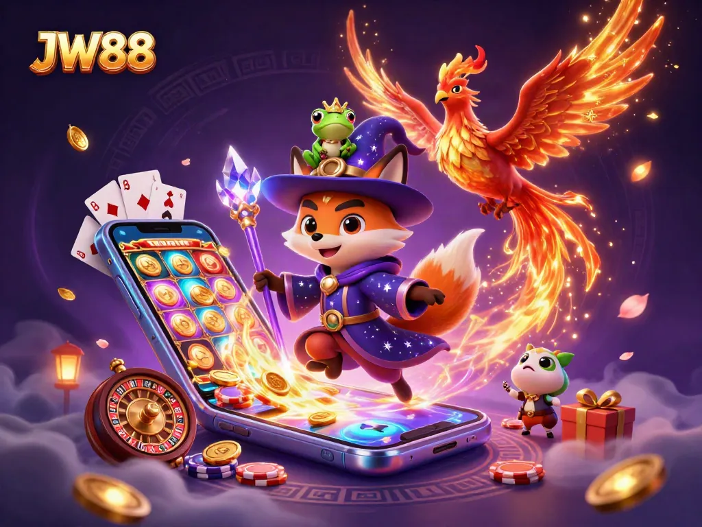 Experience thrilling gaming action with JW88 in this vibrant 3D casino illustration.