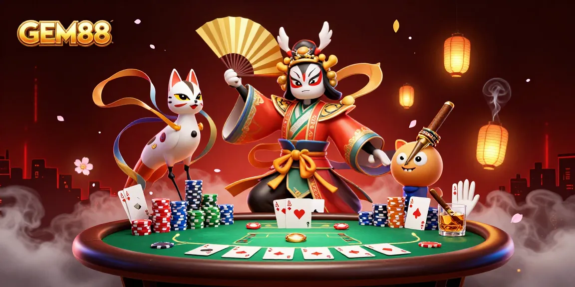 GEM88 engages players in an exciting casino scene featuring dynamic poker elements and vibrant characters.