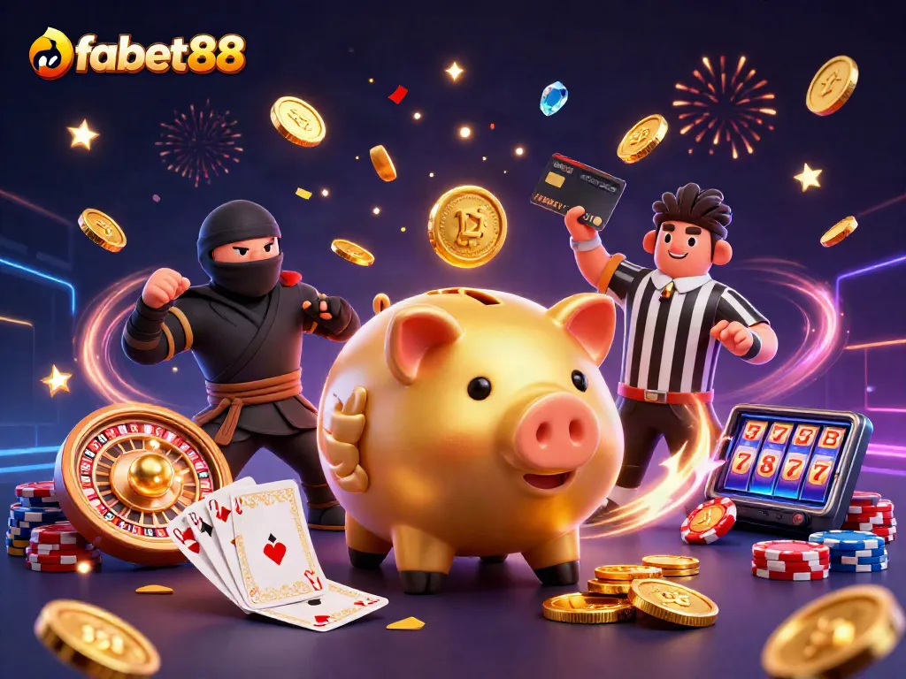 Engage with fabet88 in a vibrant 3D casino world filled with glowing coins, cards, and celebration.