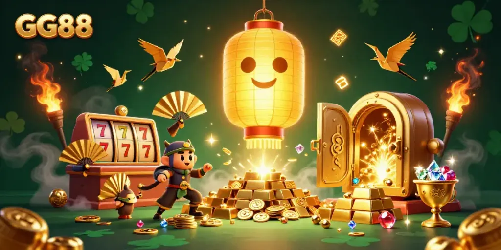 Experience GG88 with a vibrant casino scene featuring golden lantern spirits and dynamic game elements.
