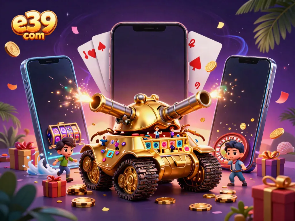 Experience the fun and excitement of gaming at e39 com with a vibrant 3D casino illustration featuring colorful slot games and festive elements.