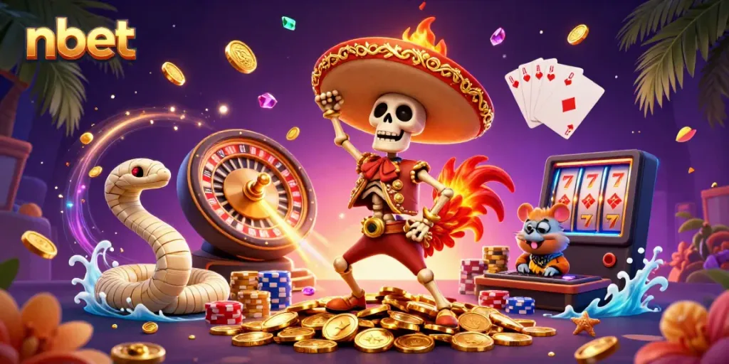 Experience thrilling gameplay with nbet featuring a festive 3D cartoon scene of a jubilant mariachi rooster amidst a whirlwind of gold coins and casino symbols.