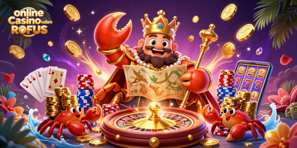 Spin to win at online casino uden ROFUS featuring a majestic golden crab emperor and vibrant casino elements.