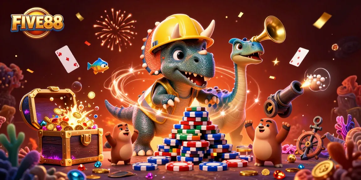 Experience thrilling gameplay at FIVE88, where vibrant characters and casino elements celebrate big wins!