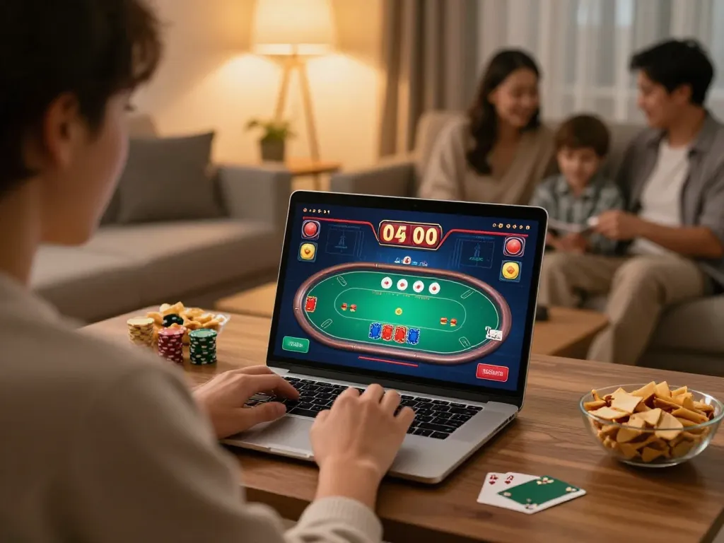 Player enjoying Uk 88 poker game on laptop at home, highlighting responsible gambling.