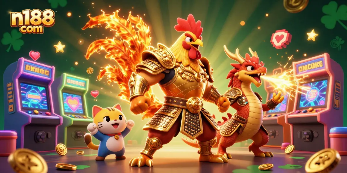 Bet and win at n188 com with dynamic gambling-themed scene featuring iconic characters and arcade elements.