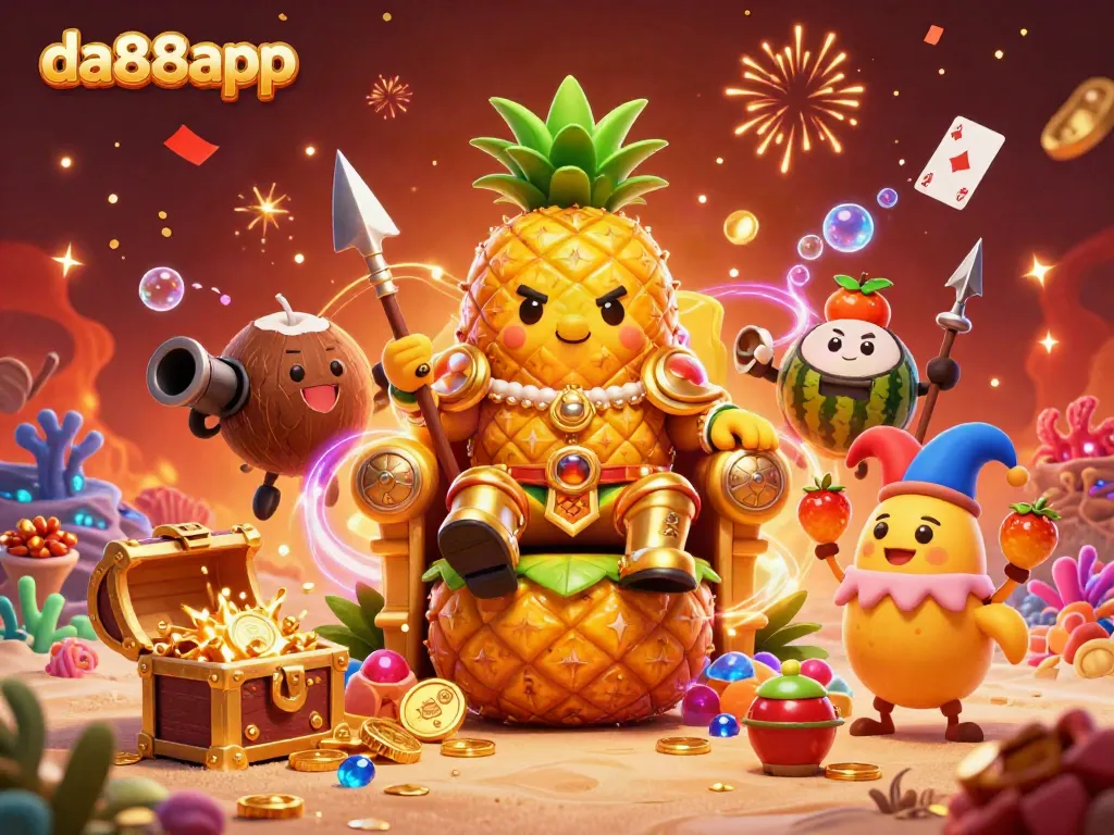 Experience the vibrant world of da88app casino with the golden pineapple king and lively jester in a dynamic scene.
