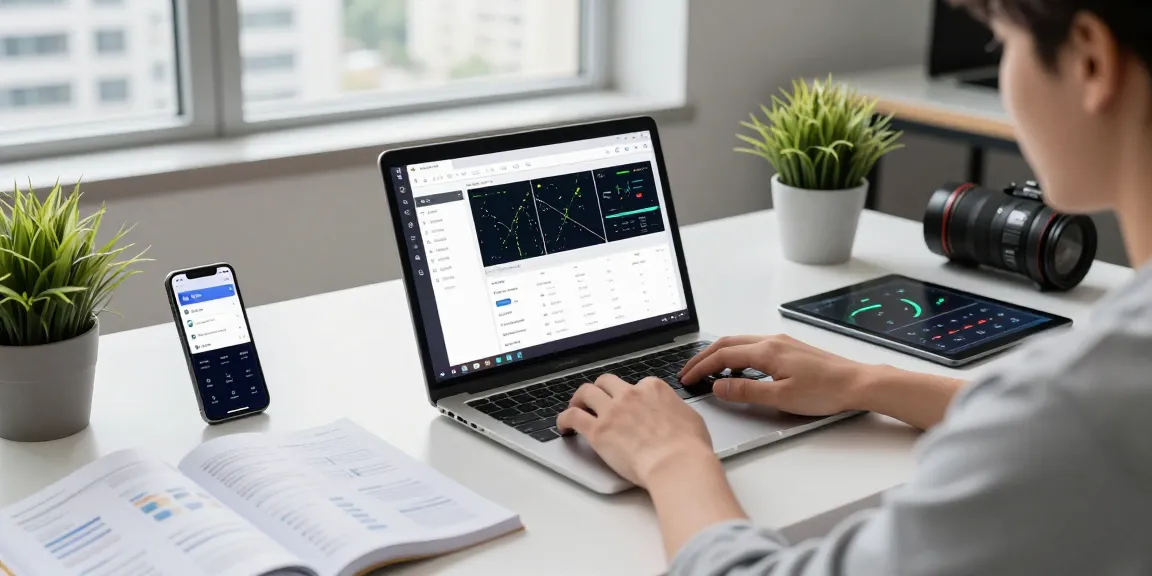 快连 app displayed on a smartphone in a modern tech workspace, showing network analytics and a cozy productivity atmosphere.
