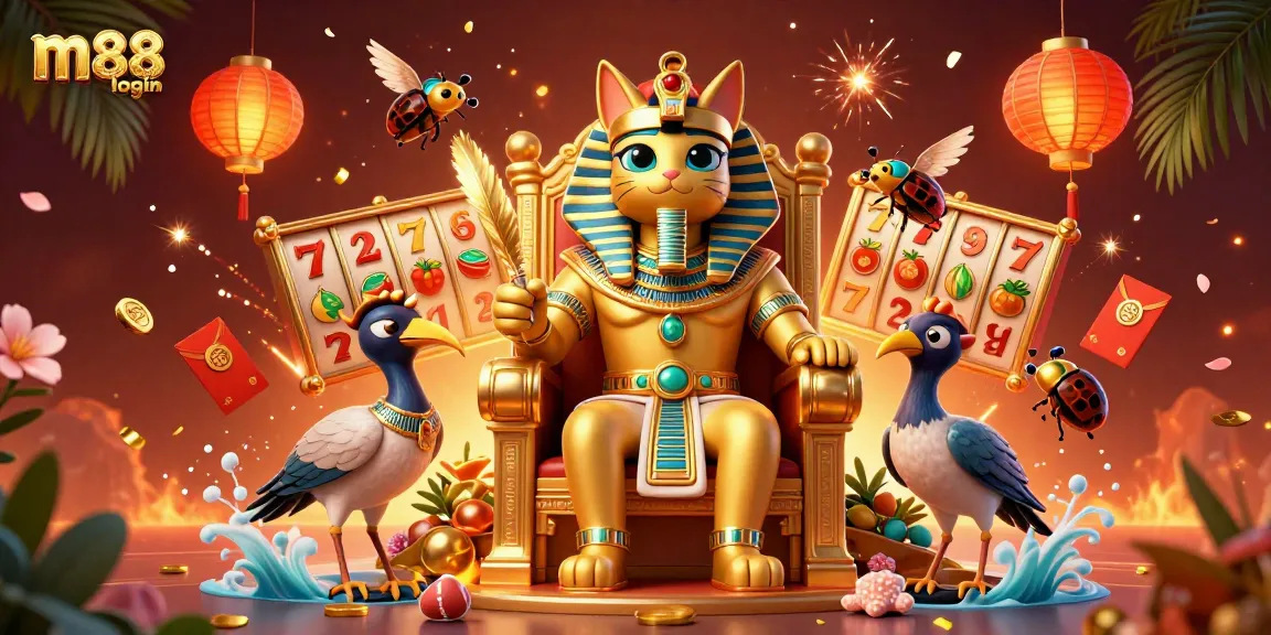 Experience m88 login with vibrant 3D illustration of an Egyptian pharaoh cat with casino elements.
