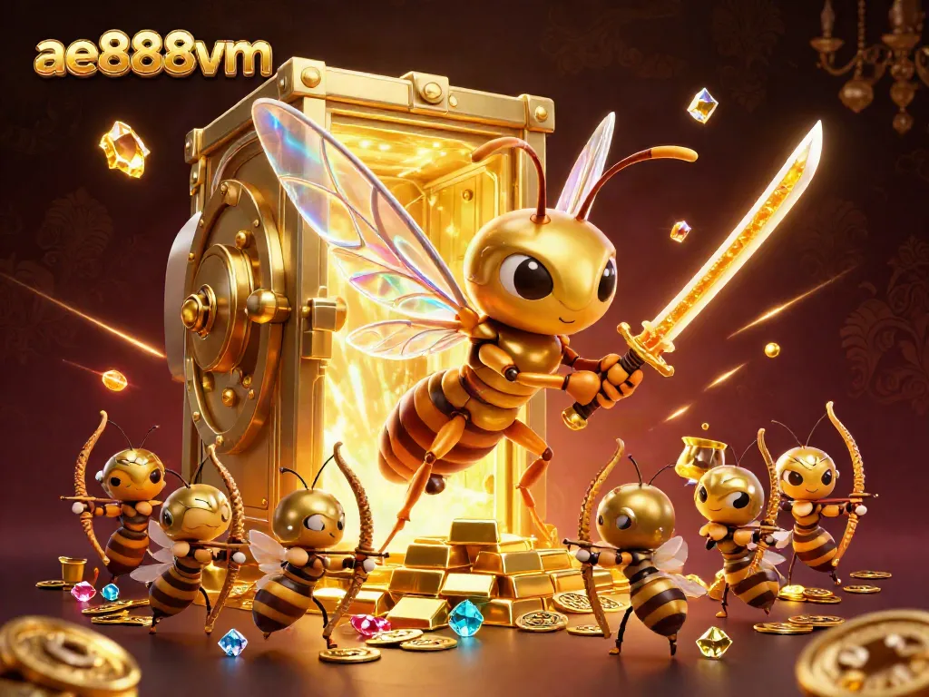 Engage with ae888vm's vibrant casino adventure with a golden hornet and treasure vault.