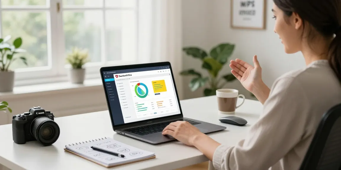 Download WPS Office in a vibrant home office setting, user engaged on laptop.