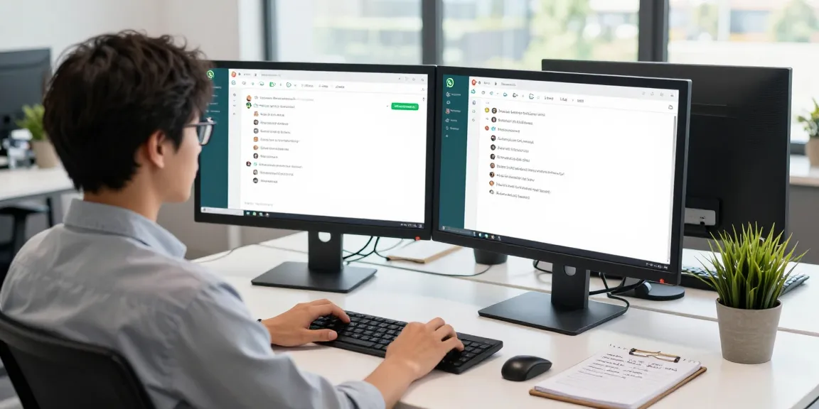 Professional using WhatsApp網頁版 in a modern office, showcasing desktop productivity.