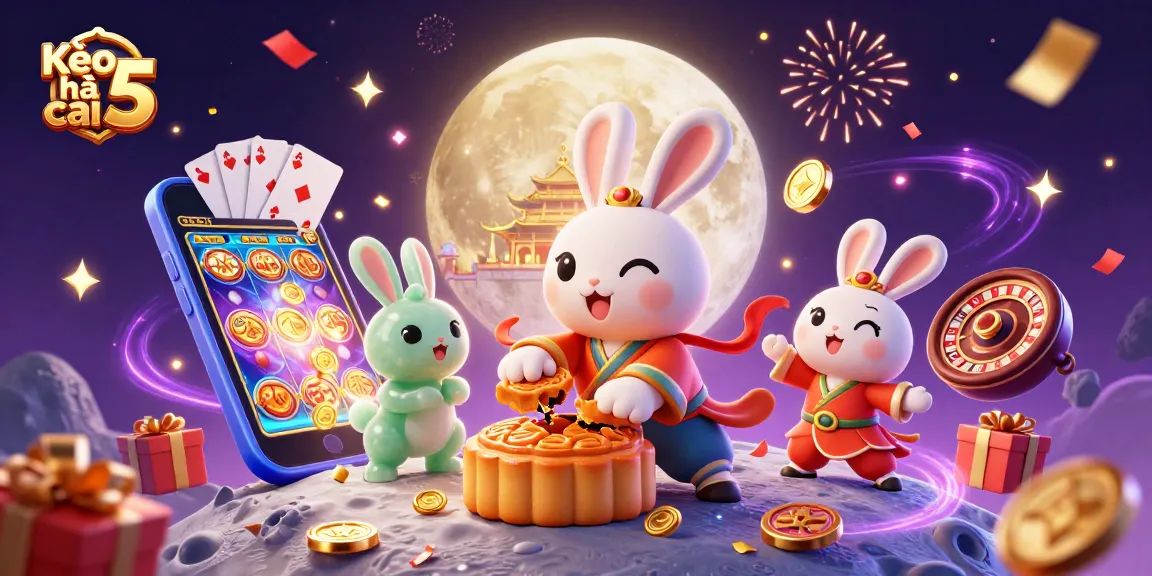 Kèo nhà cái 5 features a dynamic scene with a moon rabbit and jade rabbit surrounded by casino elements and rich festive details.