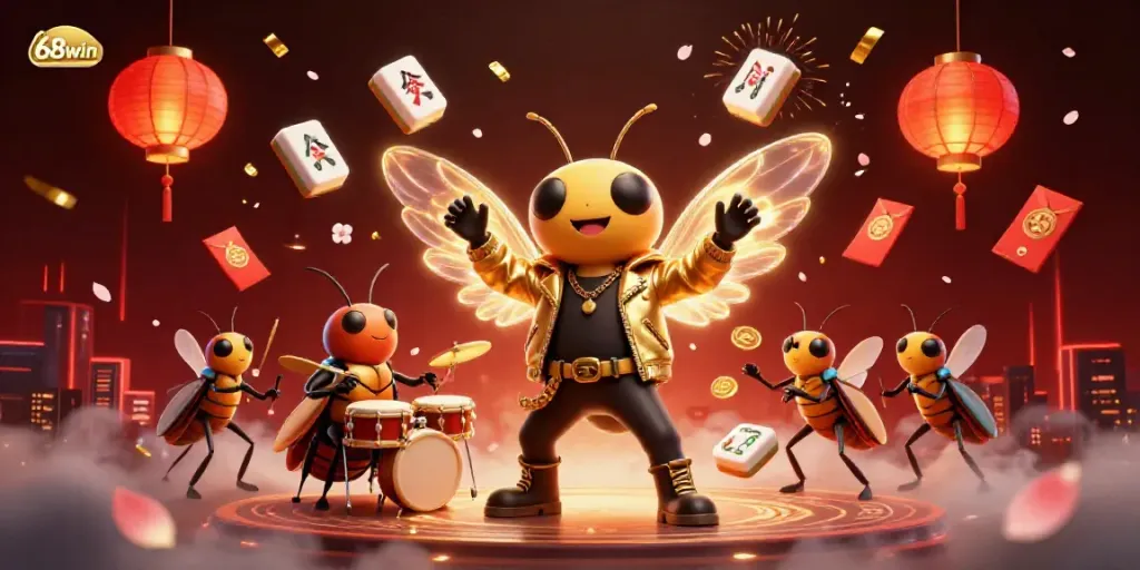 Experience the thrill of gaming with 68win as buzzing characters come alive in a dazzling casino scene.