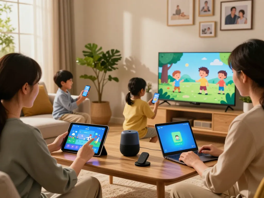 Engaging family scene using various tech gadgets for home, illustrating modern lifestyle integration with smart devices.