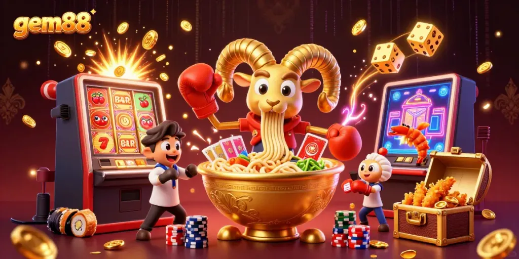 Experience thrilling gameplay with gem88's vibrant casino scene featuring exciting characters and jackpot elements.