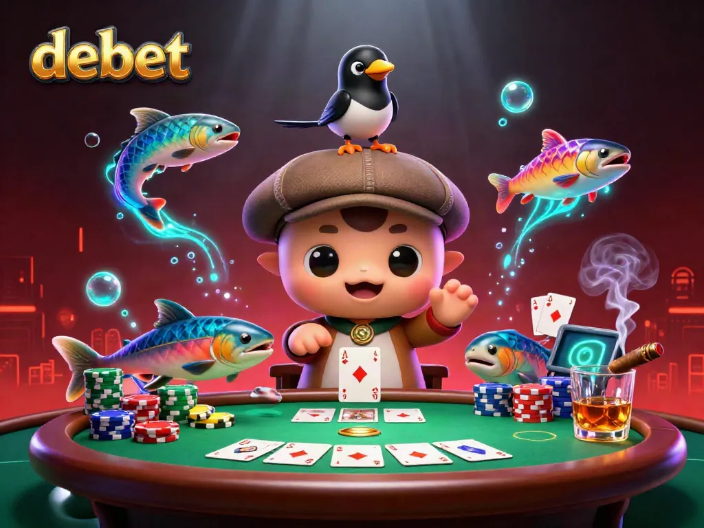 Engaging debet casino scene with Nessie, a magpie, and vibrant poker elements.