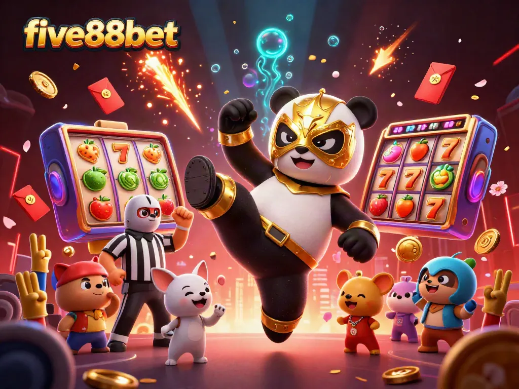 Experience the thrill at five88bet with a vibrant casino-themed illustration featuring playful characters.