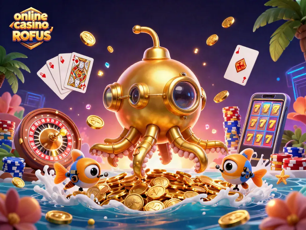 Experience excitement with online casino uden ROFUS, featuring a golden kraken submarine amidst cascading coins and gems.