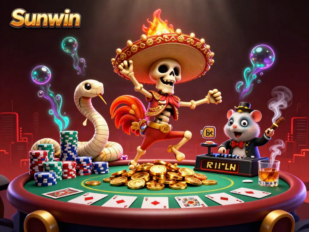 Celebrate wins with Sunwin as cartoon characters dance on gold coins at a poker table.