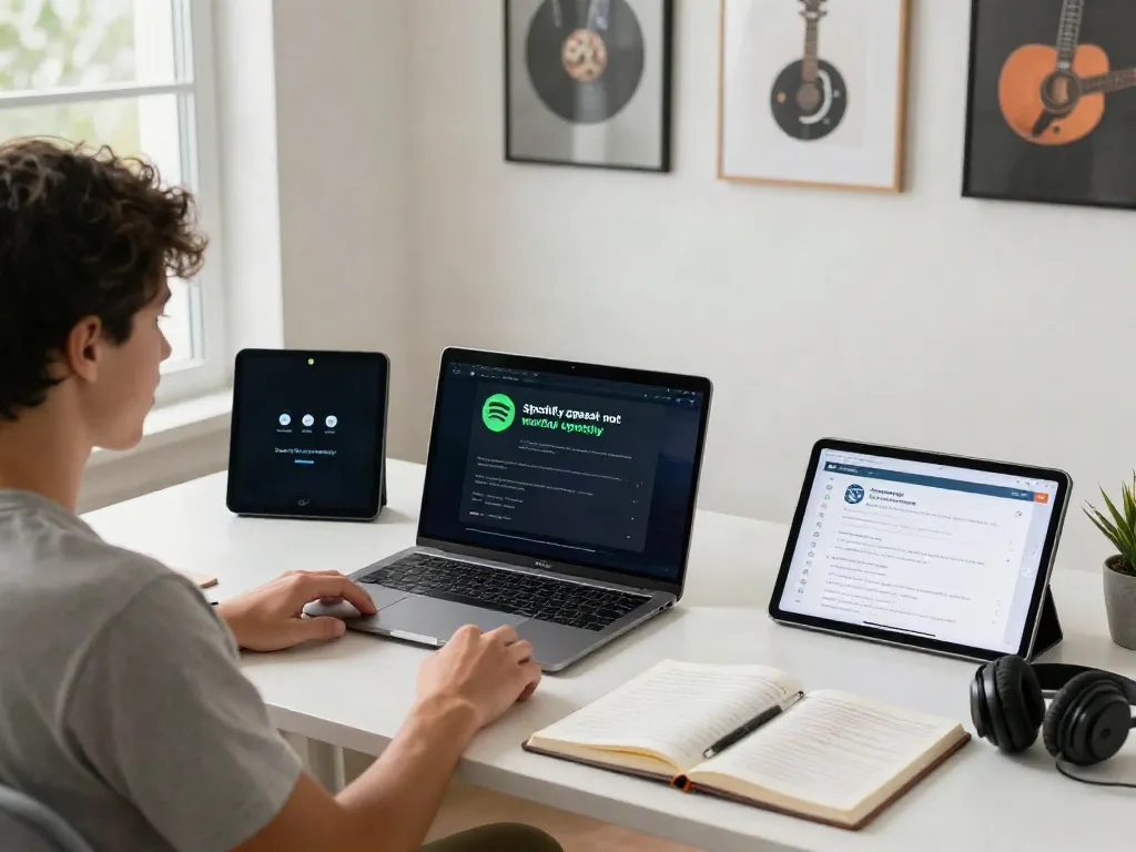 Home workspace for troubleshooting spotify geek not working with laptop and music decor.
