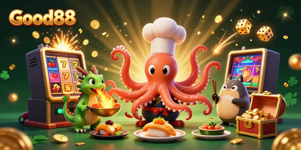 Experience the excitement of Good88 with a dynamic casino-themed 3D scene filled with vibrant characters and jackpot visuals.