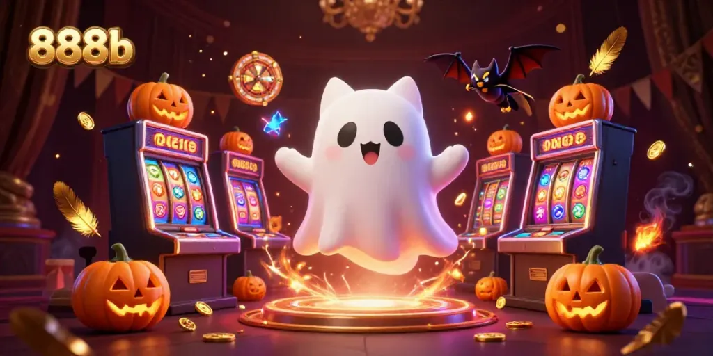 Engage with 888b's ghost cat and vampire bat in a lively casino scene featuring vibrant slot machines and shimmering prizes.