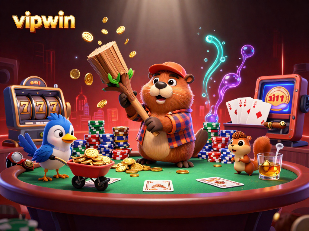 Experience the excitement of vipwin with a vibrant 3D scene featuring a beaver collecting golden coins at a casino.