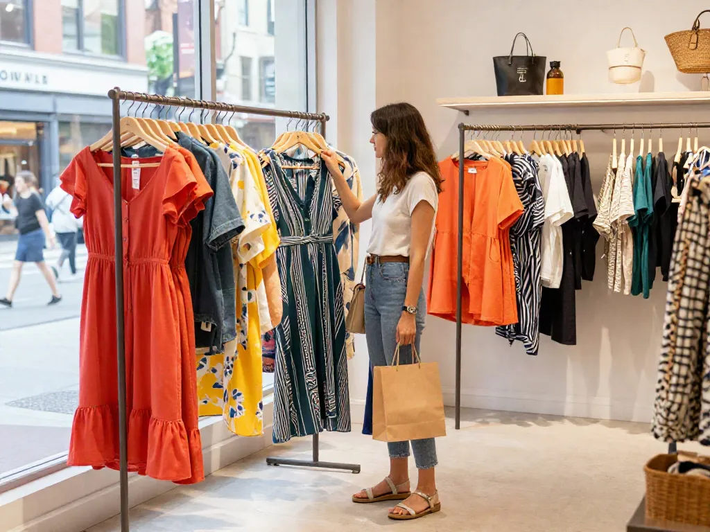 Vrouw die trendy kleding aanbiedingen bekijkt in een modewinkel, omringd door zomerjurken en jumpsuits.