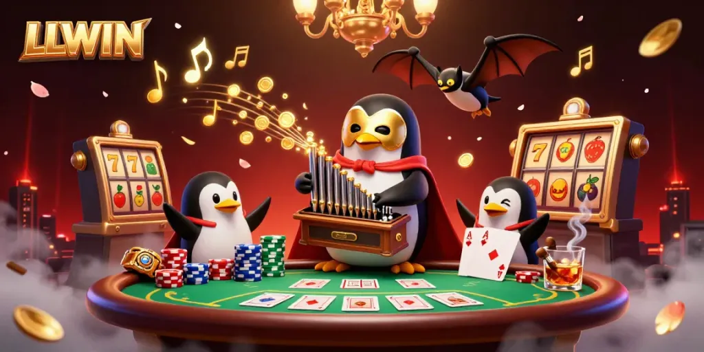 Experience the excitement of LLWIN as a phantom opera penguin plays a golden pipe organ amid vibrant casino elements.