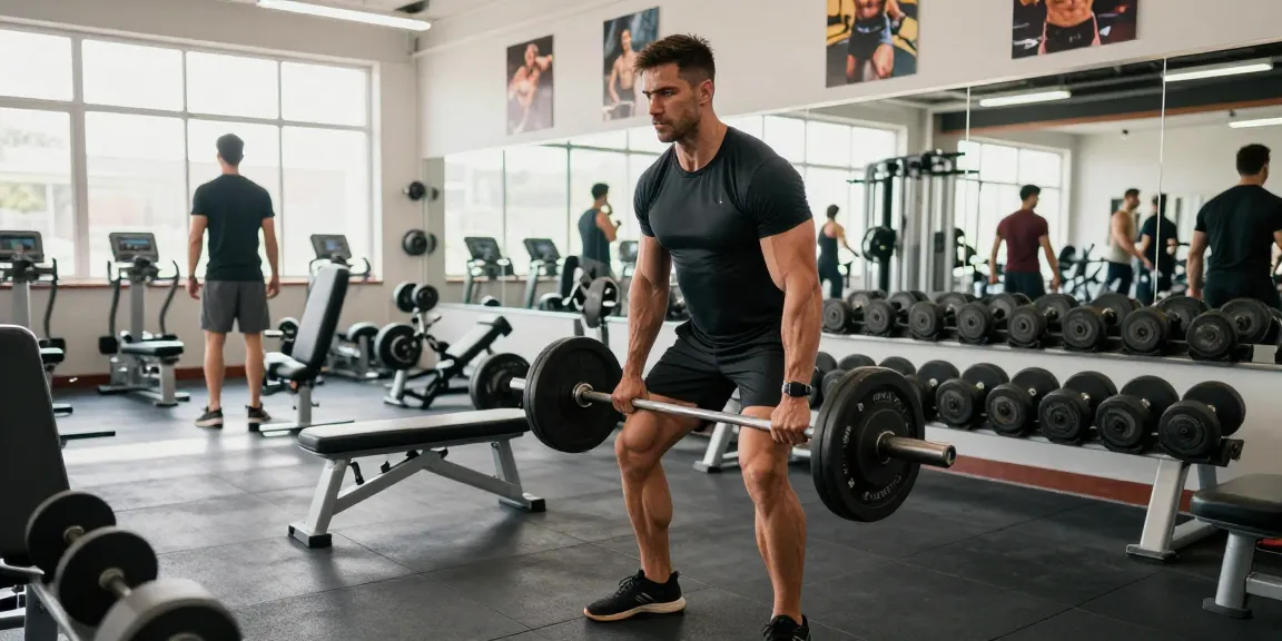 Prime Pharma Steroïden Winkel - Bodybuilder in fitnesscentrum met gewichten en motivatieposters.