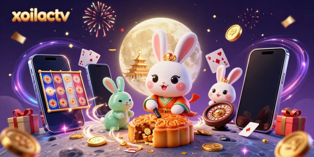 Experience exhilarating gaming with xoilactv as moon rabbits reveal riches amidst vibrant casino-themed elements.