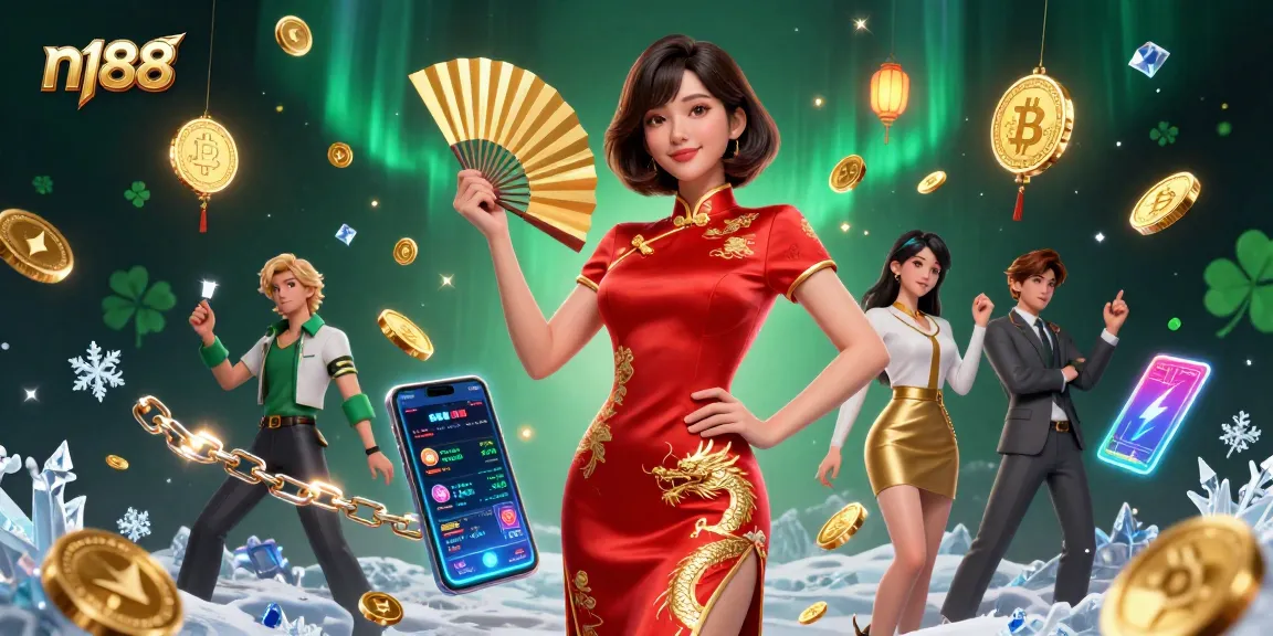 Bet on n188 in a vibrant 3D digital casino scene with glowing coins and a confident dealer.