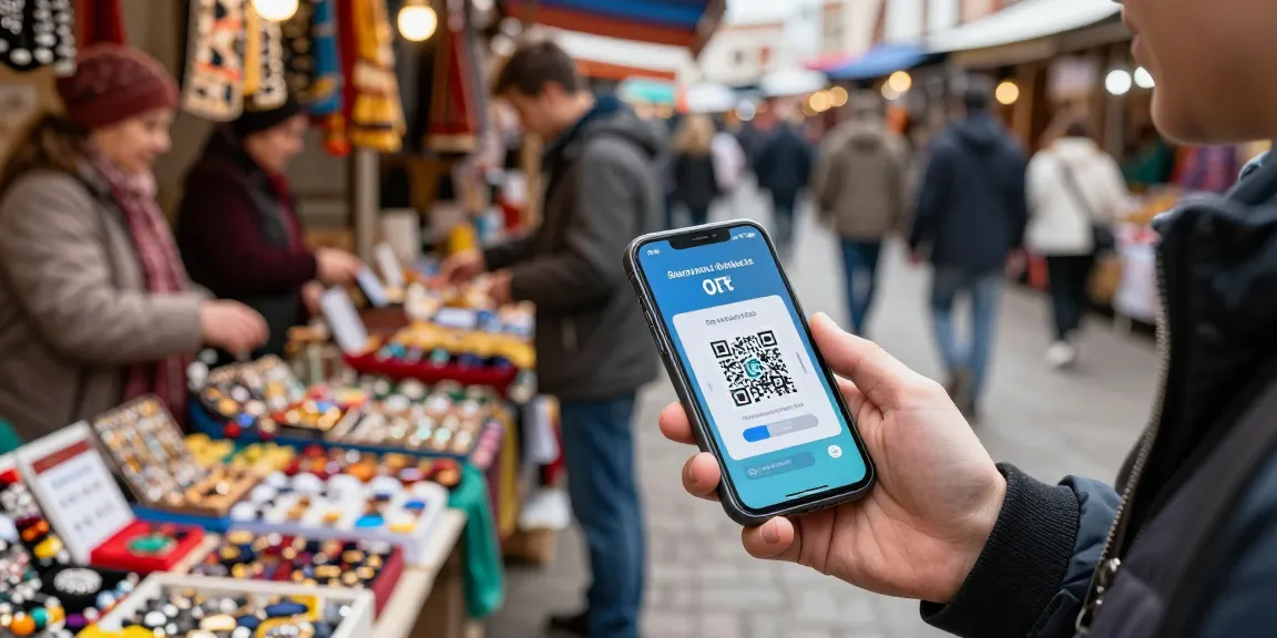 Een reiziger die moeiteloos betaalt in Rusland met de app van https://payinrussia.com/ in een levendige lokale markt.