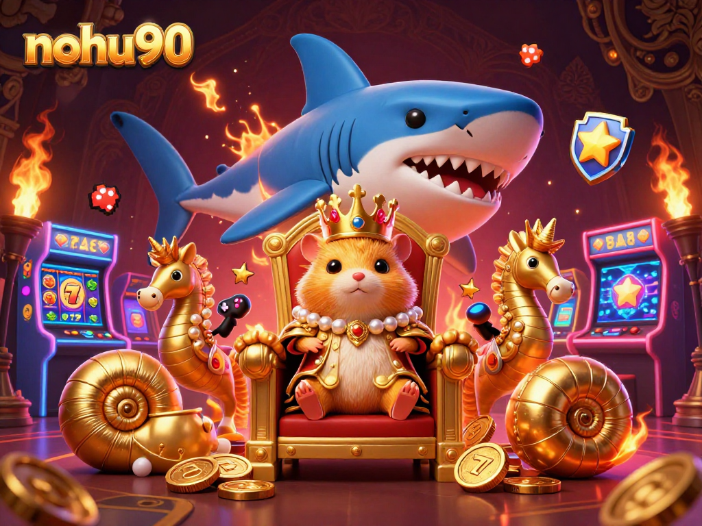 Engage with the vibrant casino scene featuring nohu90, showcasing a hamster king and slot reels in action.