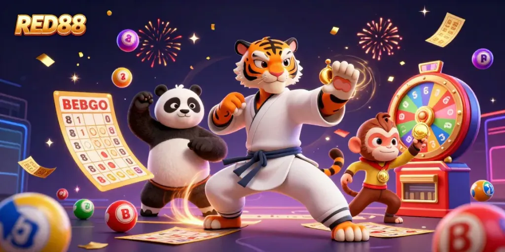 Experience thrilling gaming action at RED88 with cartoon characters celebrating wins amidst vibrant casino elements.