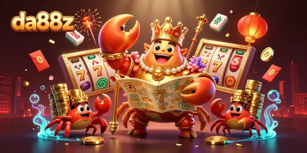 Spin the reels at da88z with the majestic crab emperor surrounded by vibrant gaming elements!