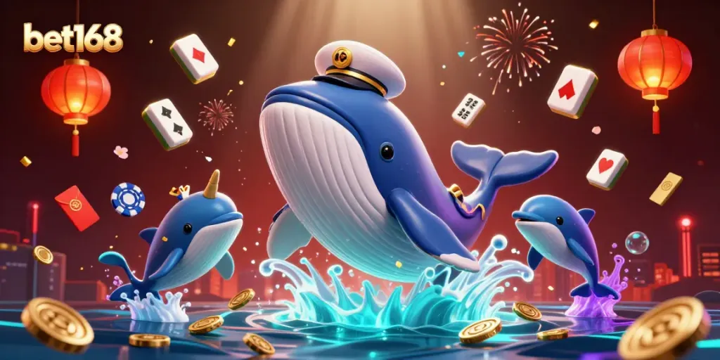 Experience thrilling gameplay with bet168 featuring a cartoon whale and playful dolphins surrounded by vibrant casino elements.
