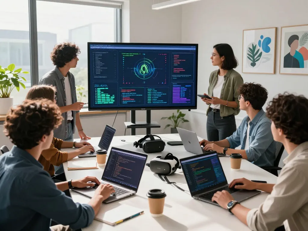 Dynamic tech workspace with developers collaborating on juicy ai innovations and data visualizations.
