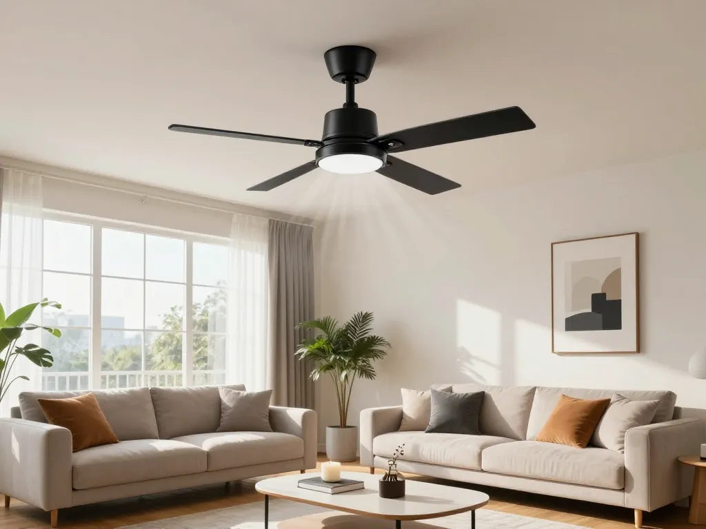 Slanke ventilator plafond zwart verbetert de sfeer in de moderne woonkamer.