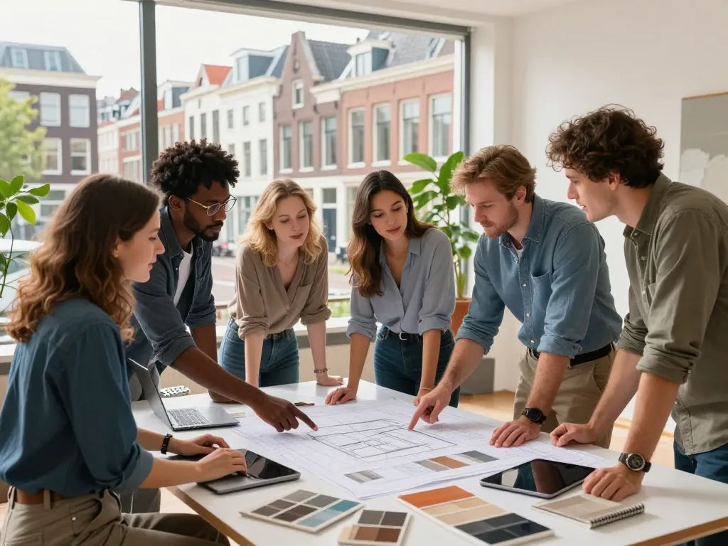 Samenwerkend team bespreekt ideeën en plannen voor verbouwing en verhuizing Utrecht in een heldere stedelijke omgeving.