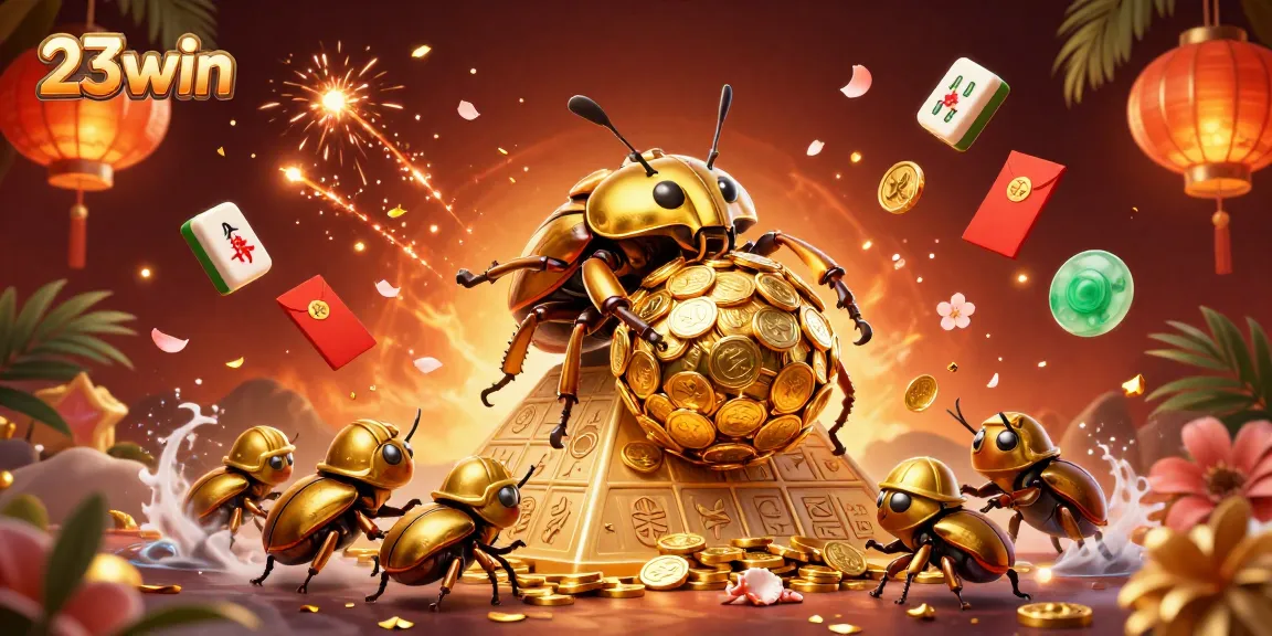 Experience excitement with 23win as the golden beetle rolls coins amidst a vivid casino scene.