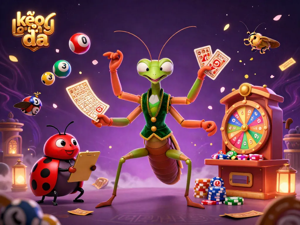 Engaging scene showcasing kèo bóng đá with a giant praying mantis card sharp and ladybug pit boss, capturing the excitement of betting.