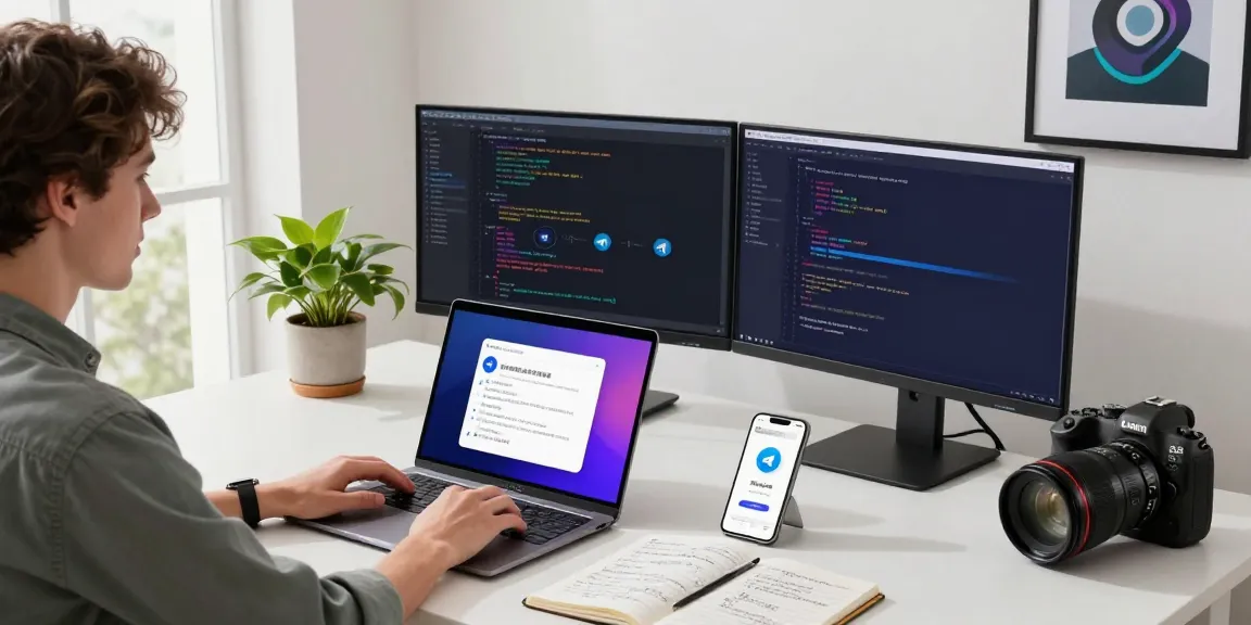Setup to turn Telegram中文 interface on desktop and mobile devices with user engaged in tech workspace.
